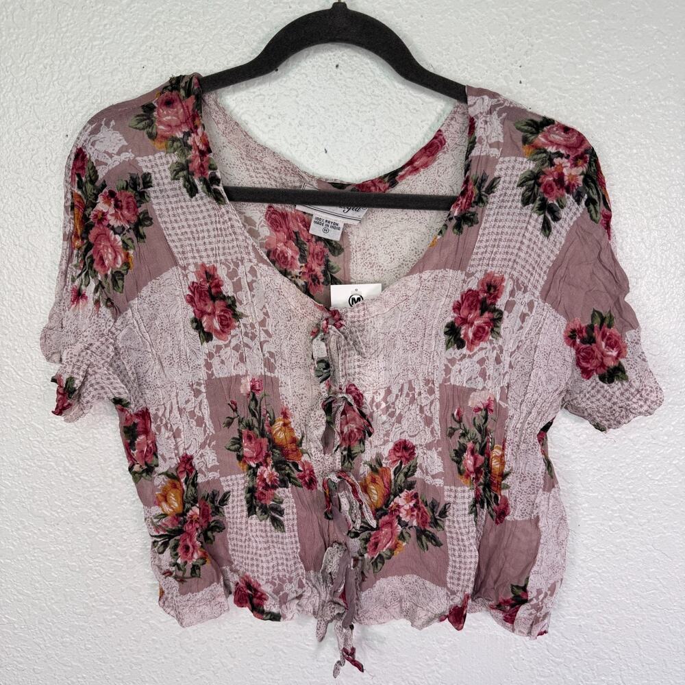 Vintage Floral Top Womens Medium Romantic Tie Crop Blouse Boho Neo Nostalgia